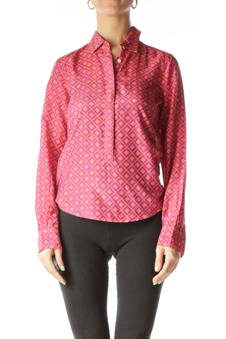 Pink Orange Silk and Cotton Geometric Print Shirt