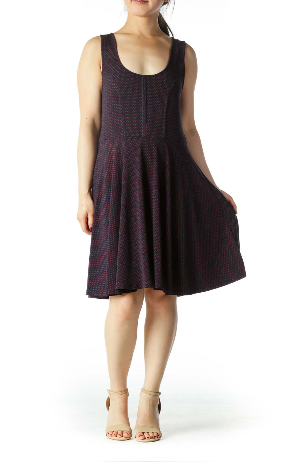 Front view of purple polka dot sleeveless skater dress from Free People