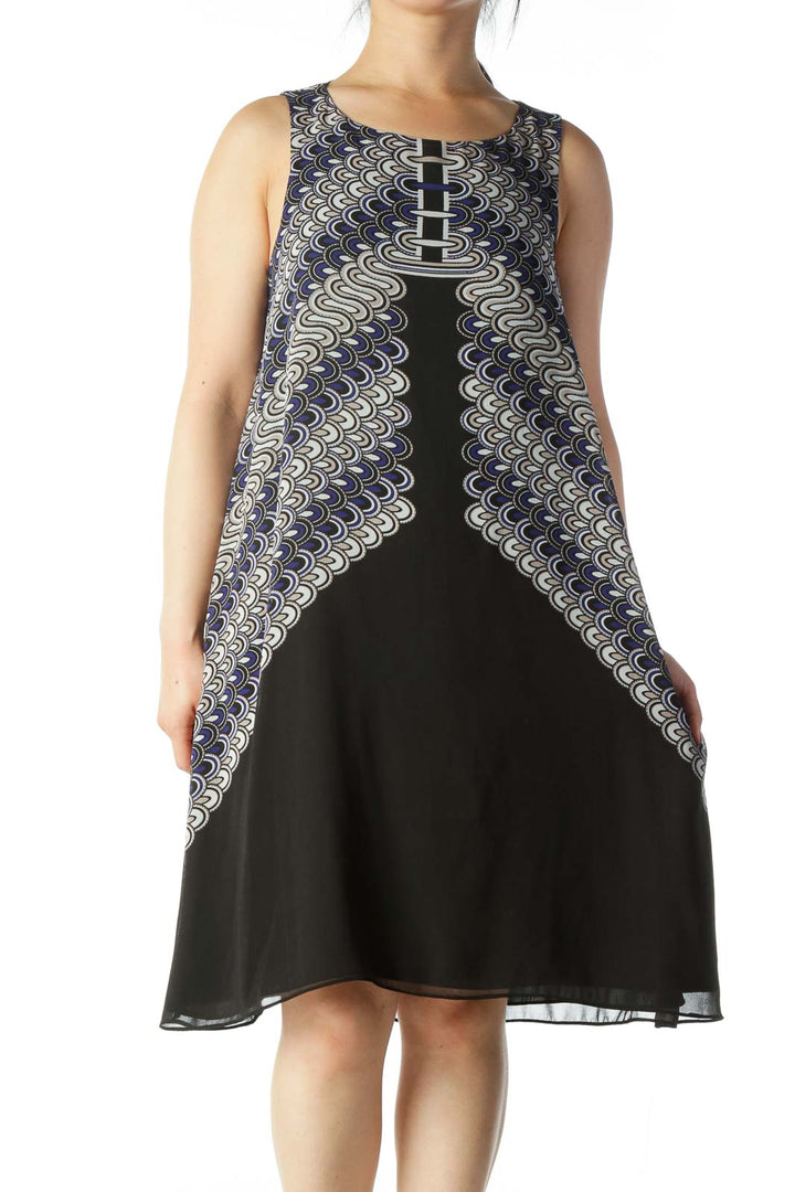 Black and Blue Patterned Sheath Dress