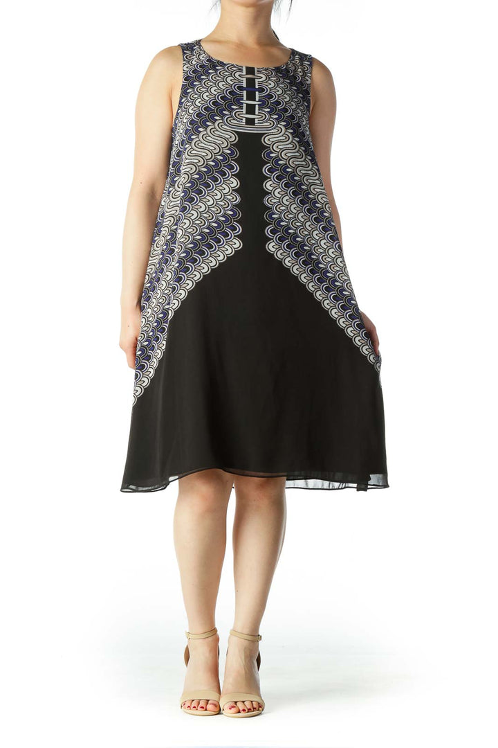 Black and Blue Patterned Sheath Dress