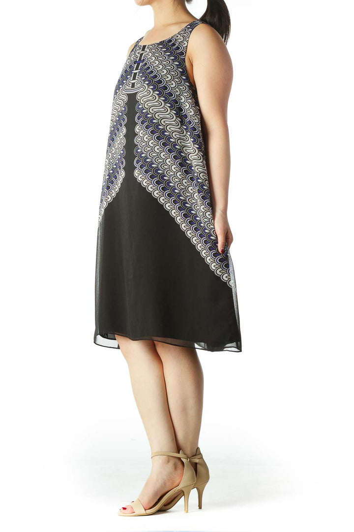 Black and Blue Patterned Sheath Dress