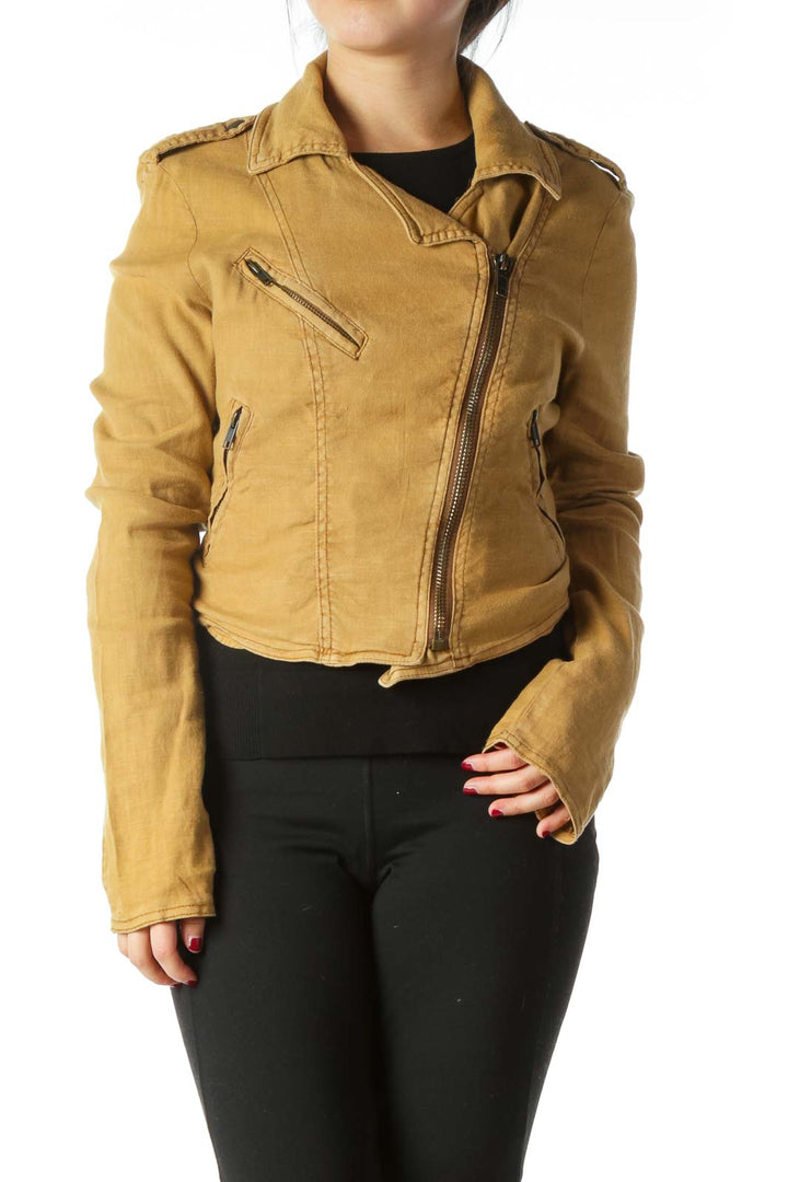 Front view of mustard Free People cropped moto jacket with asymmetrical zipper