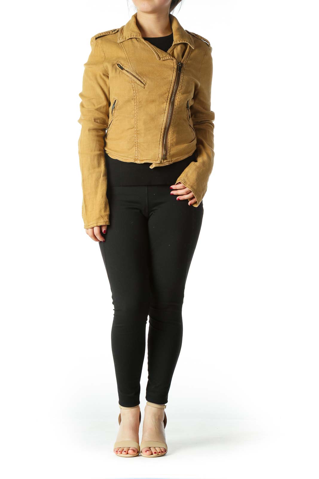 Front view of mustard Free People cropped moto jacket with asymmetrical zipper