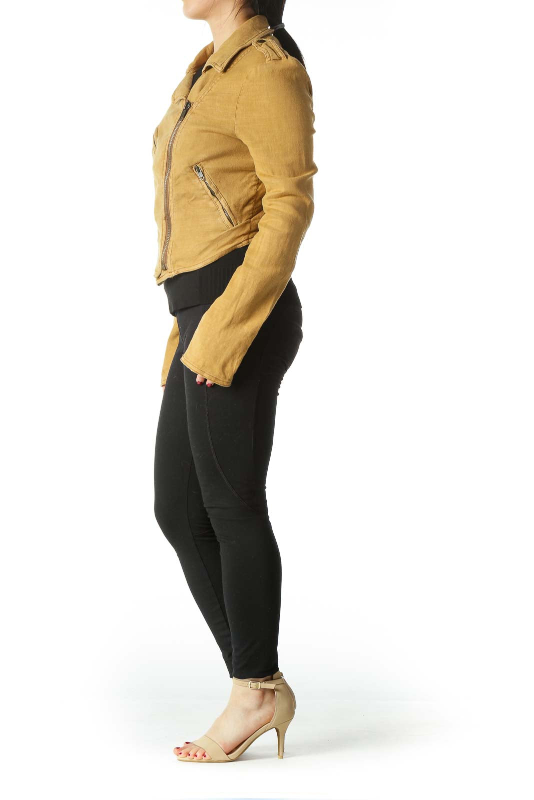 Front view of mustard Free People cropped moto jacket with asymmetrical zipper