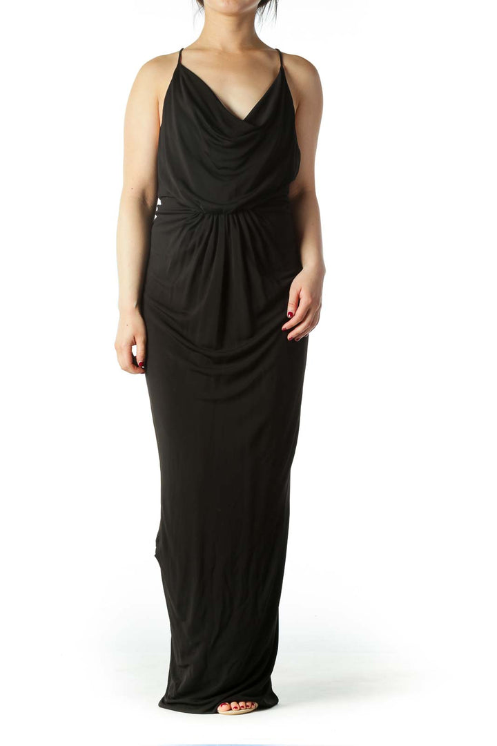 Black Draped Spaghetti Strap Evening Dress