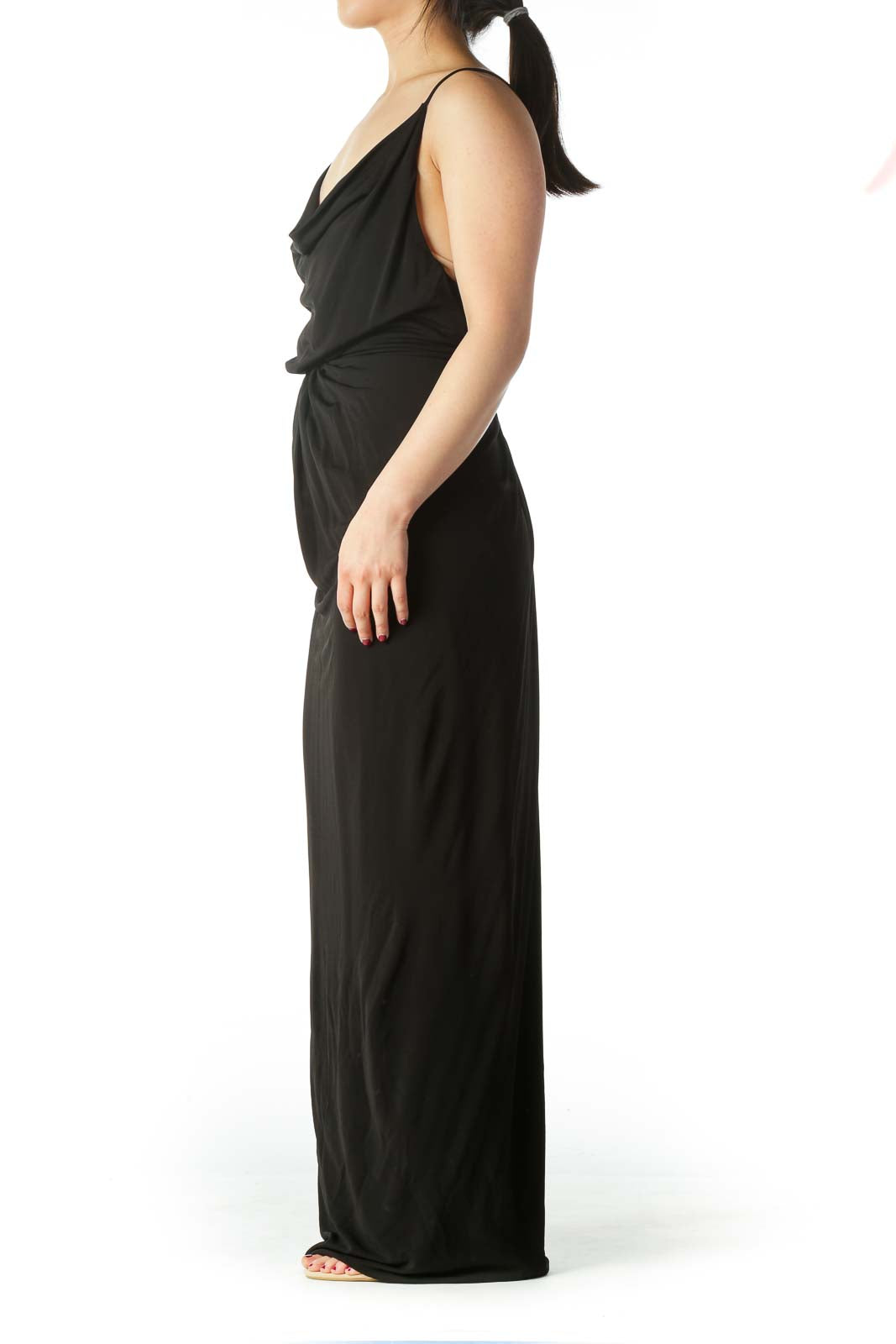 Black Draped Spaghetti Strap Evening Dress