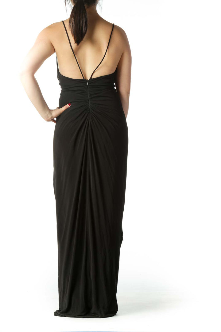 Black Draped Spaghetti Strap Evening Dress