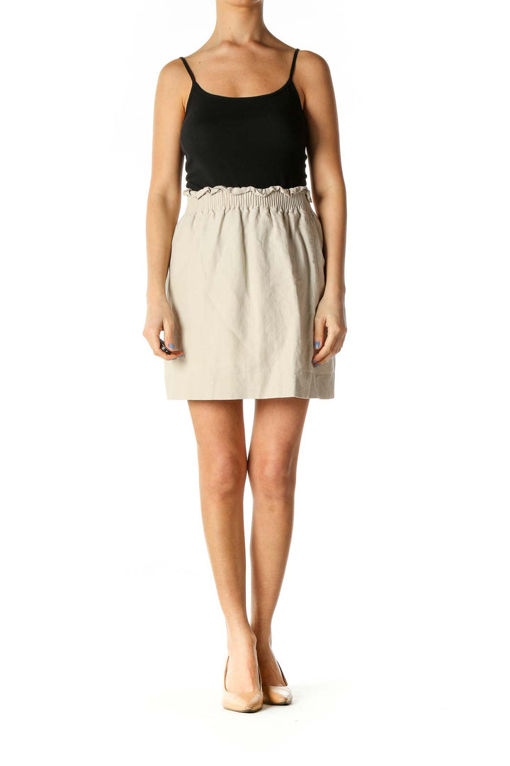 Beige Elastic Waist Linen and Cotton Skirt