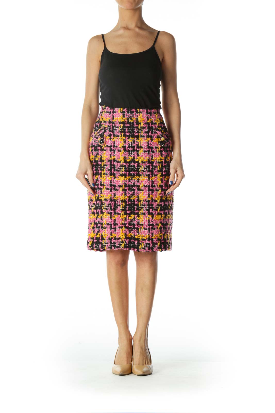 Pink, Yellow, Black Wool Pencil Skirt