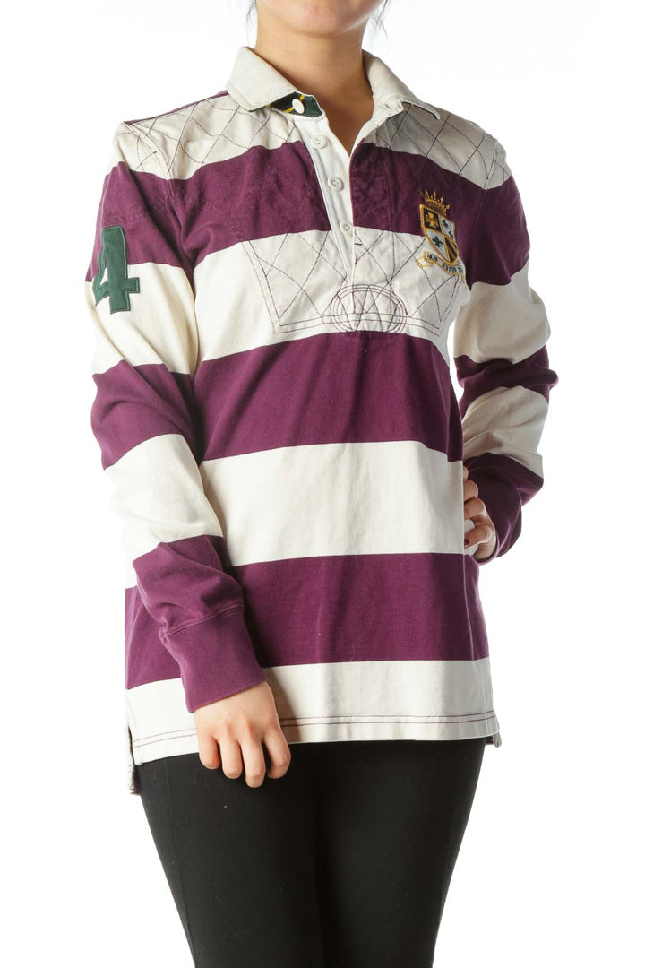 Purple Cream Striped 100% Cotton Knit Sports Top