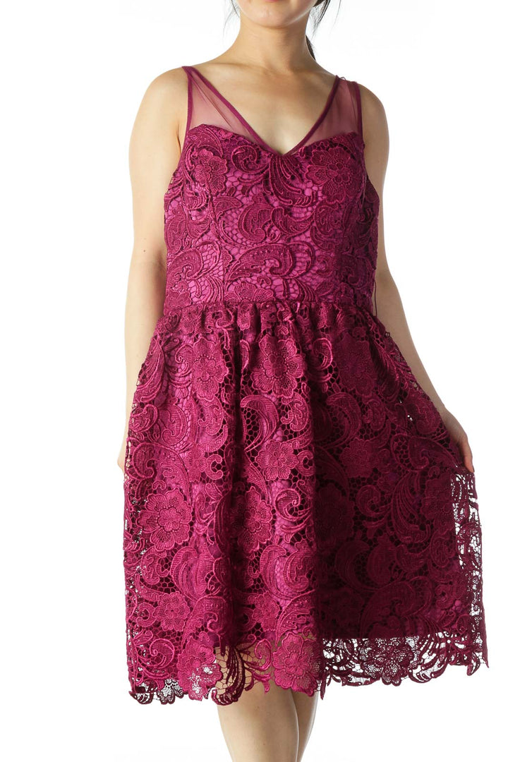 Purple Lace V-Neck Scalloped Cocktail Dress