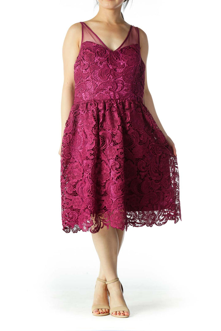 Purple Lace V-Neck Scalloped Cocktail Dress