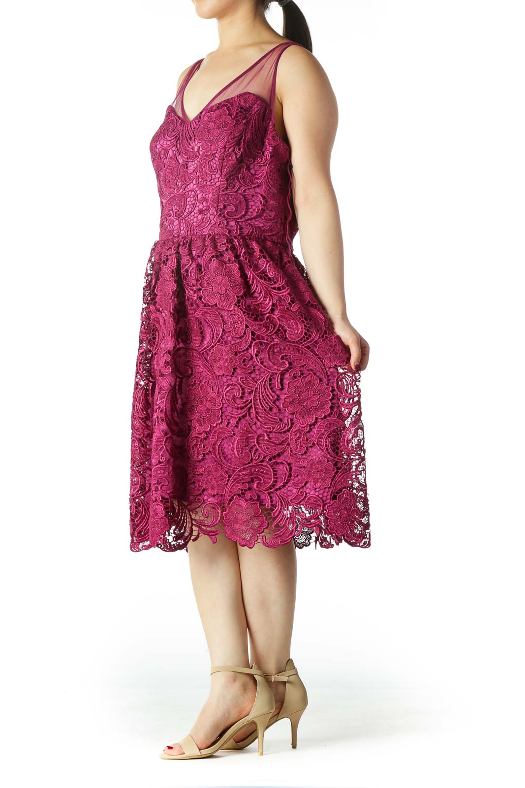 Purple Lace V-Neck Scalloped Cocktail Dress