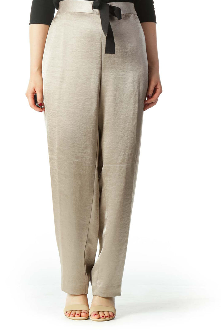 Metallic Beige Wide Leg Dress Pants