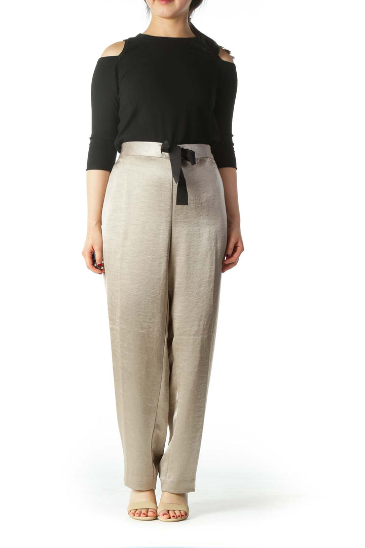 Metallic Beige Wide Leg Dress Pants