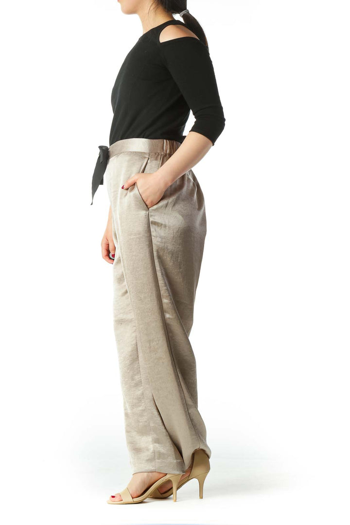 Metallic Beige Wide Leg Dress Pants