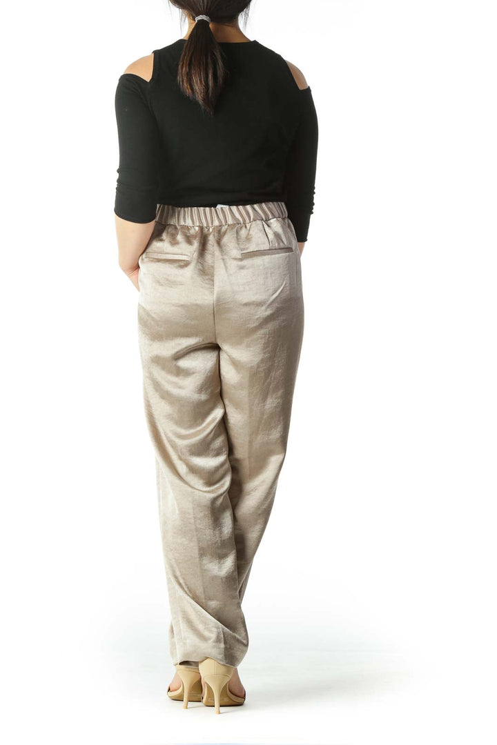 Metallic Beige Wide Leg Dress Pants