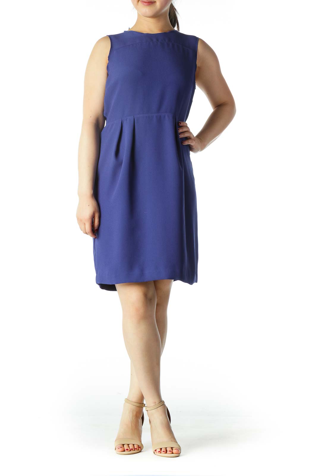 Blue Round Neck A-Line Work Dress