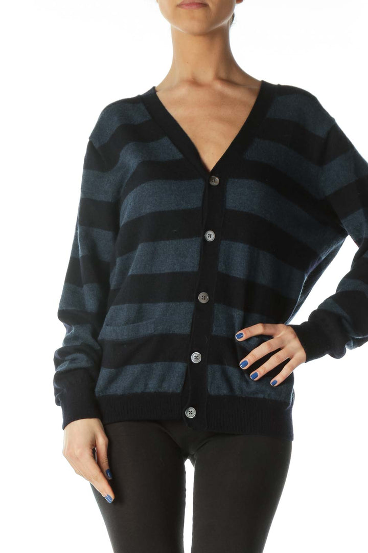 Navy and Blue Striped V-Neck Cardigan