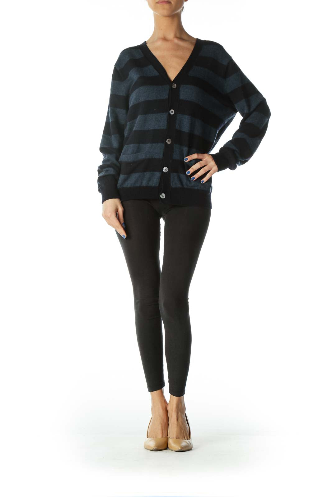 Navy and Blue Striped V-Neck Cardigan