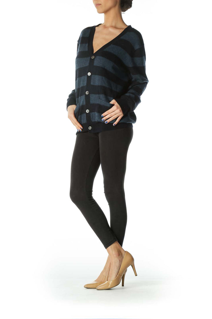 Navy and Blue Striped V-Neck Cardigan