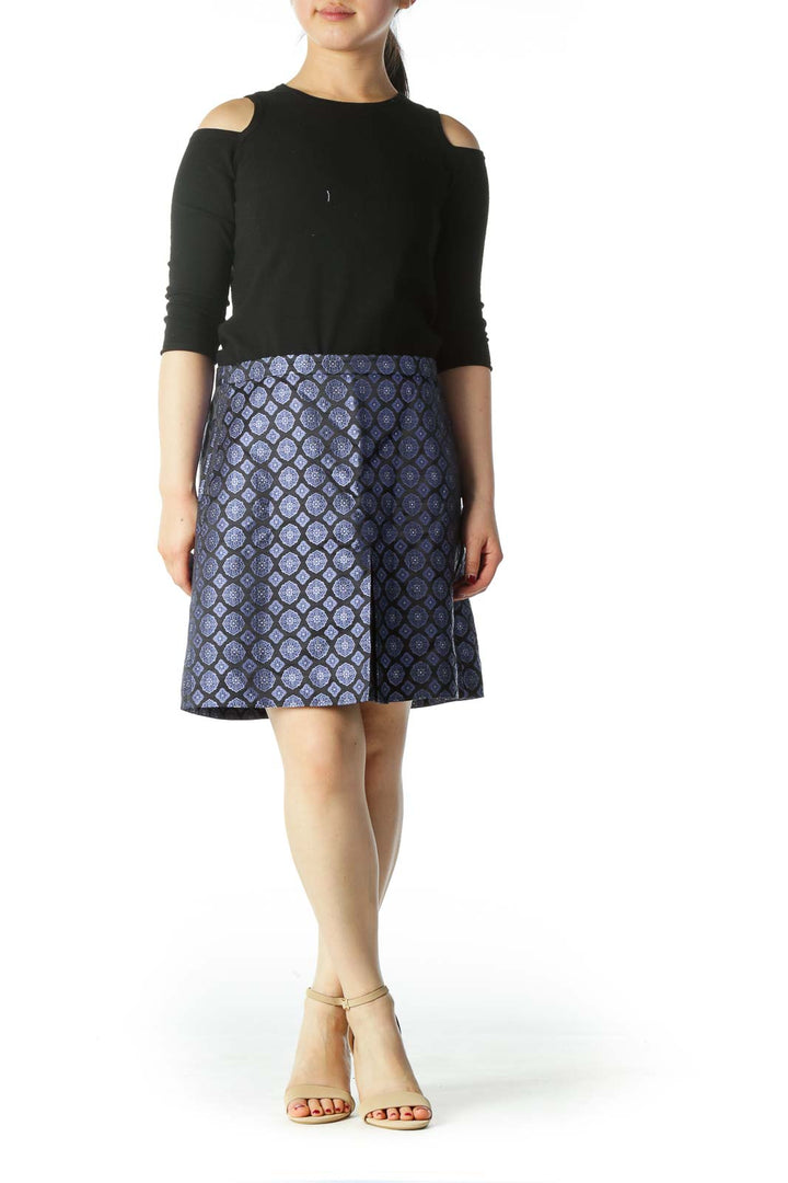 Blue and Black Patterned Silk Mini Skirt