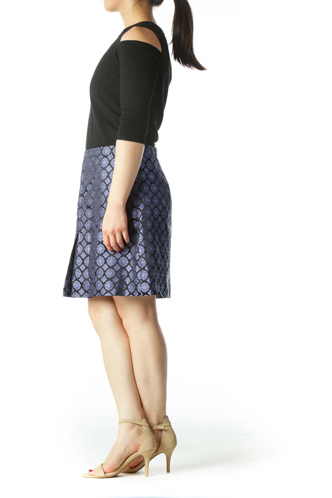 Blue and Black Patterned Silk Mini Skirt