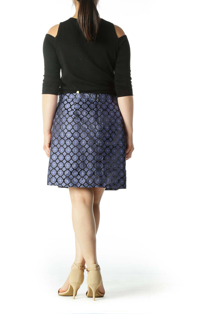 Blue and Black Patterned Silk Mini Skirt