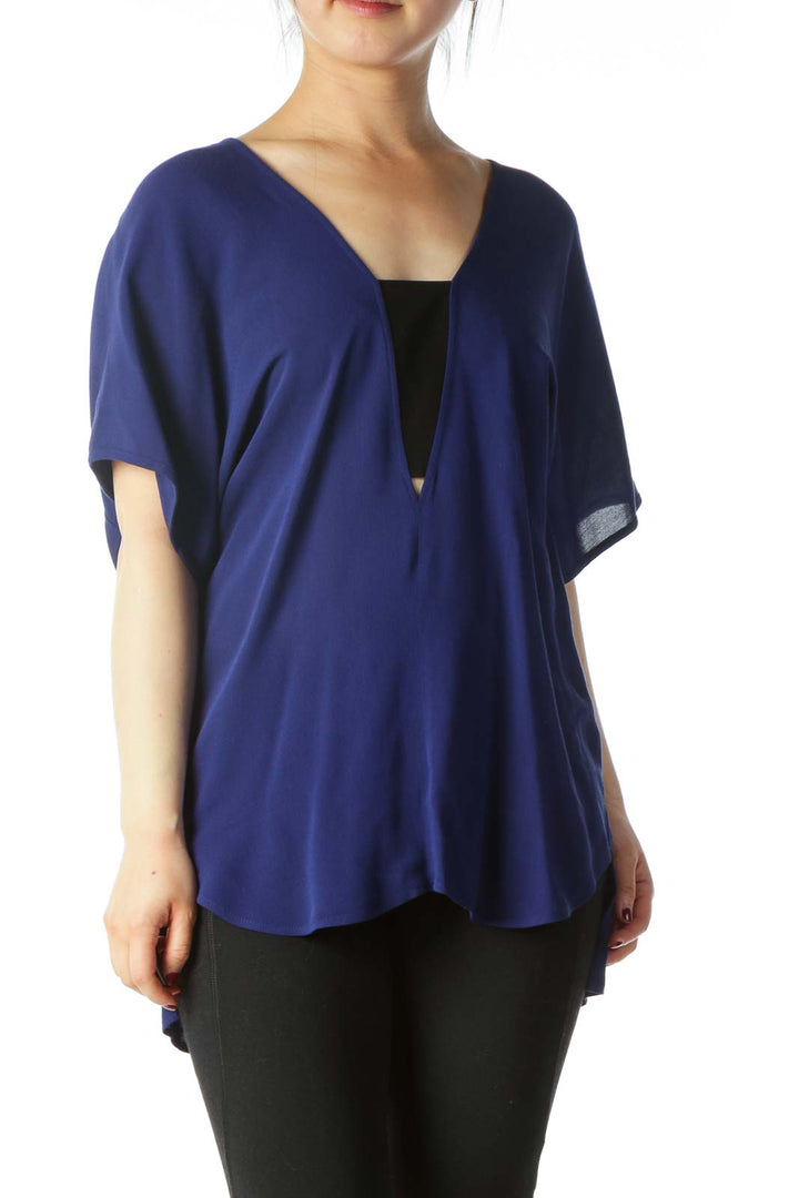 Blue Black V-Neck Bat-Sleeve Shift Blouse