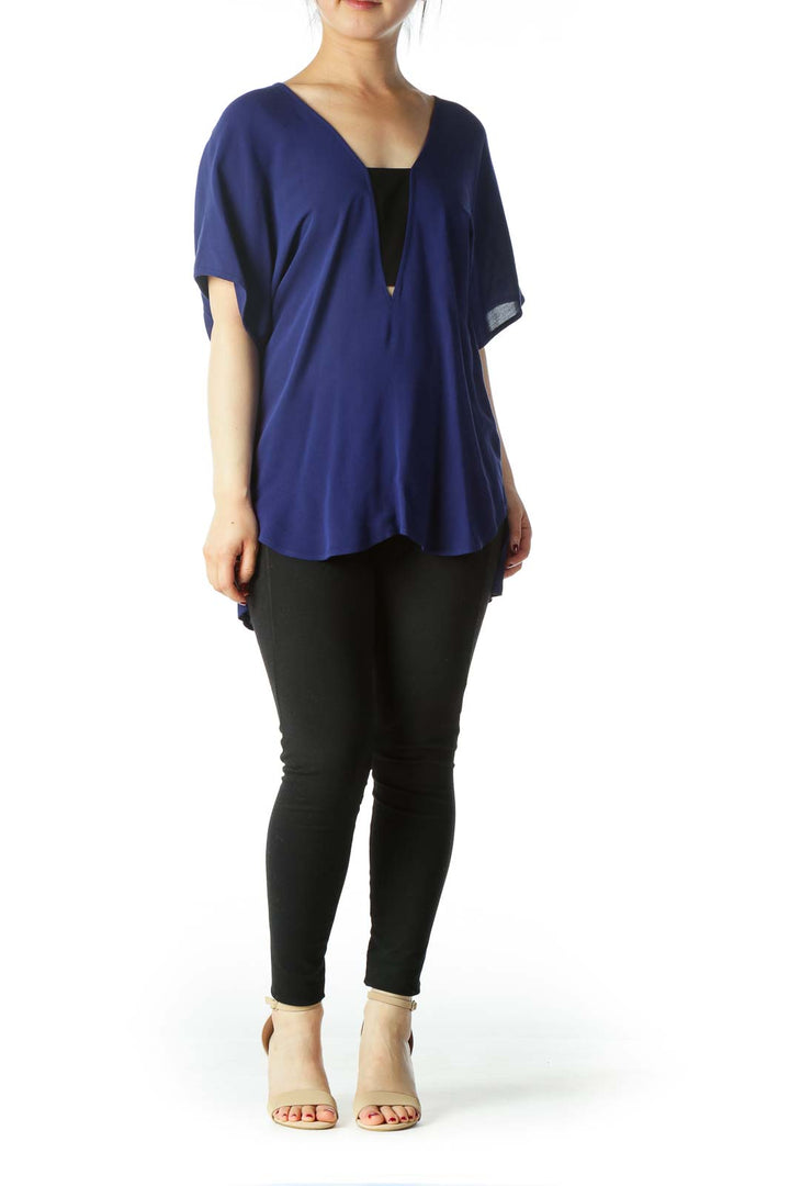 Blue Black V-Neck Bat-Sleeve Shift Blouse