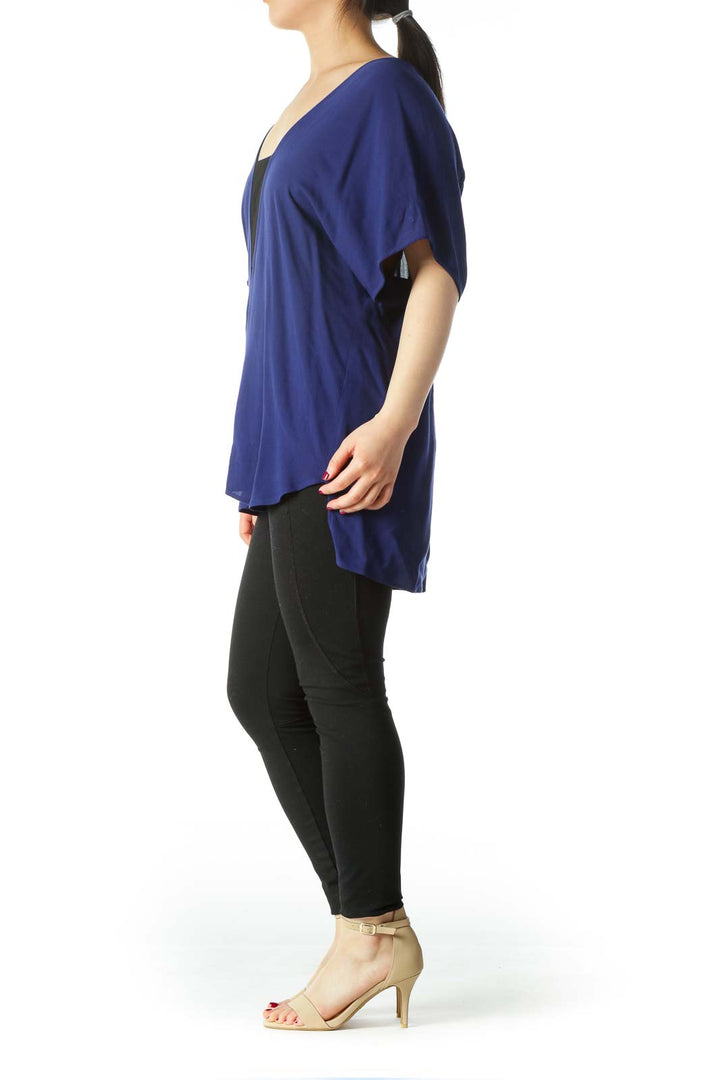 Blue Black V-Neck Bat-Sleeve Shift Blouse