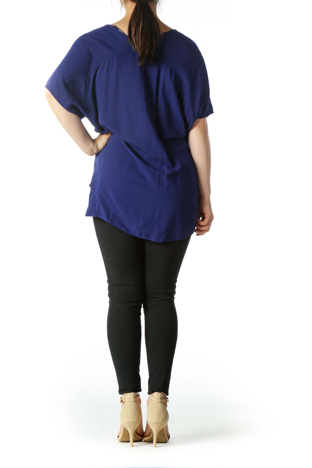 Blue Black V-Neck Bat-Sleeve Shift Blouse