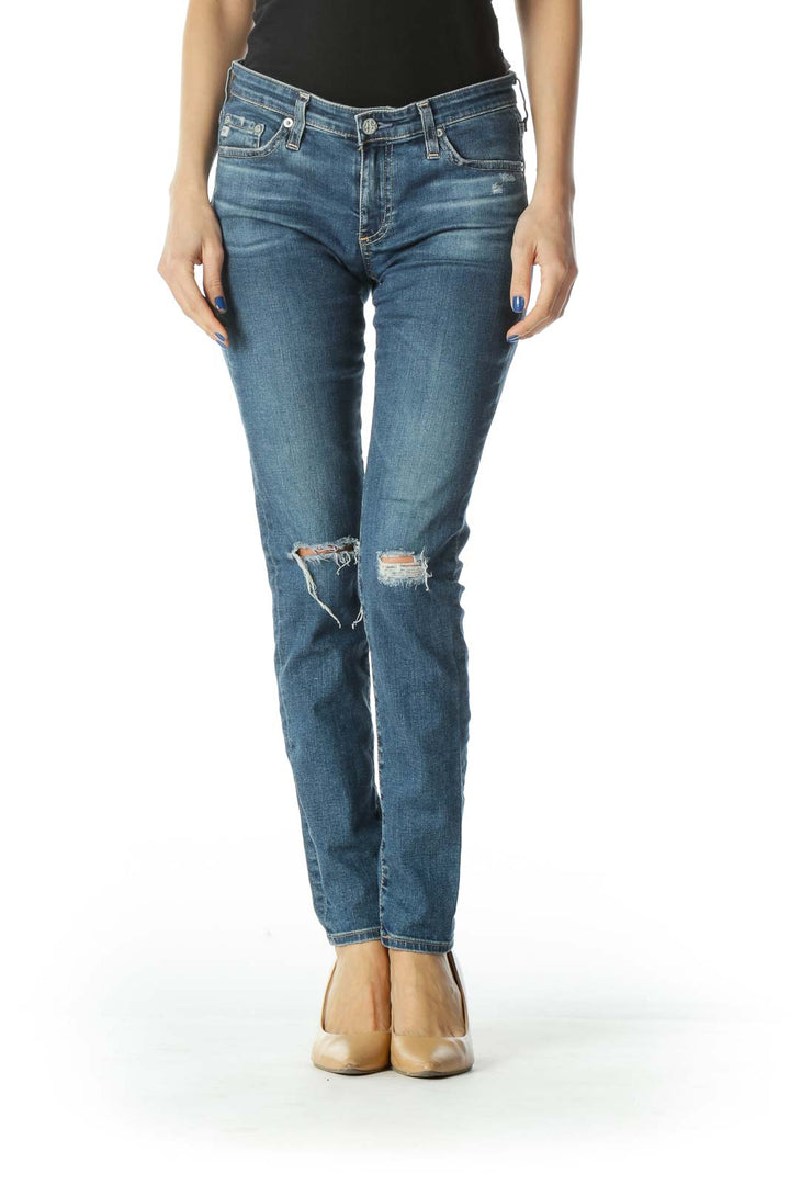 Blue Distressed Mid Rise Super Skinny Jeans