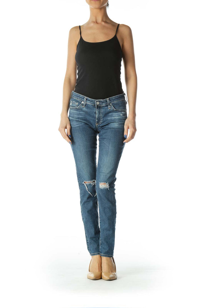 Blue Distressed Mid Rise Super Skinny Jeans