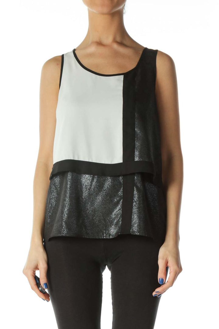 Black Cream Silver Color Block Metallic Blouse