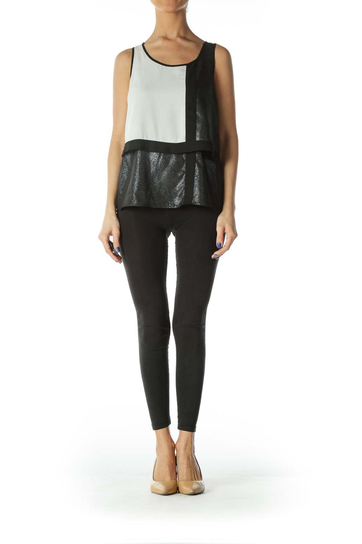 Black Cream Silver Color Block Metallic Blouse