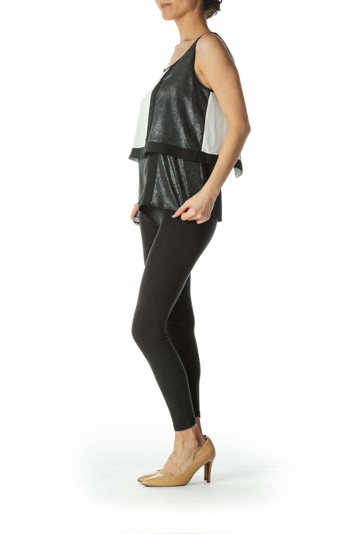 Black Cream Silver Color Block Metallic Blouse