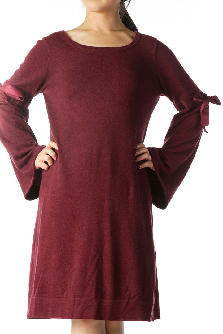 Burgundy Ribbon Bell Sleeves Knit Dress