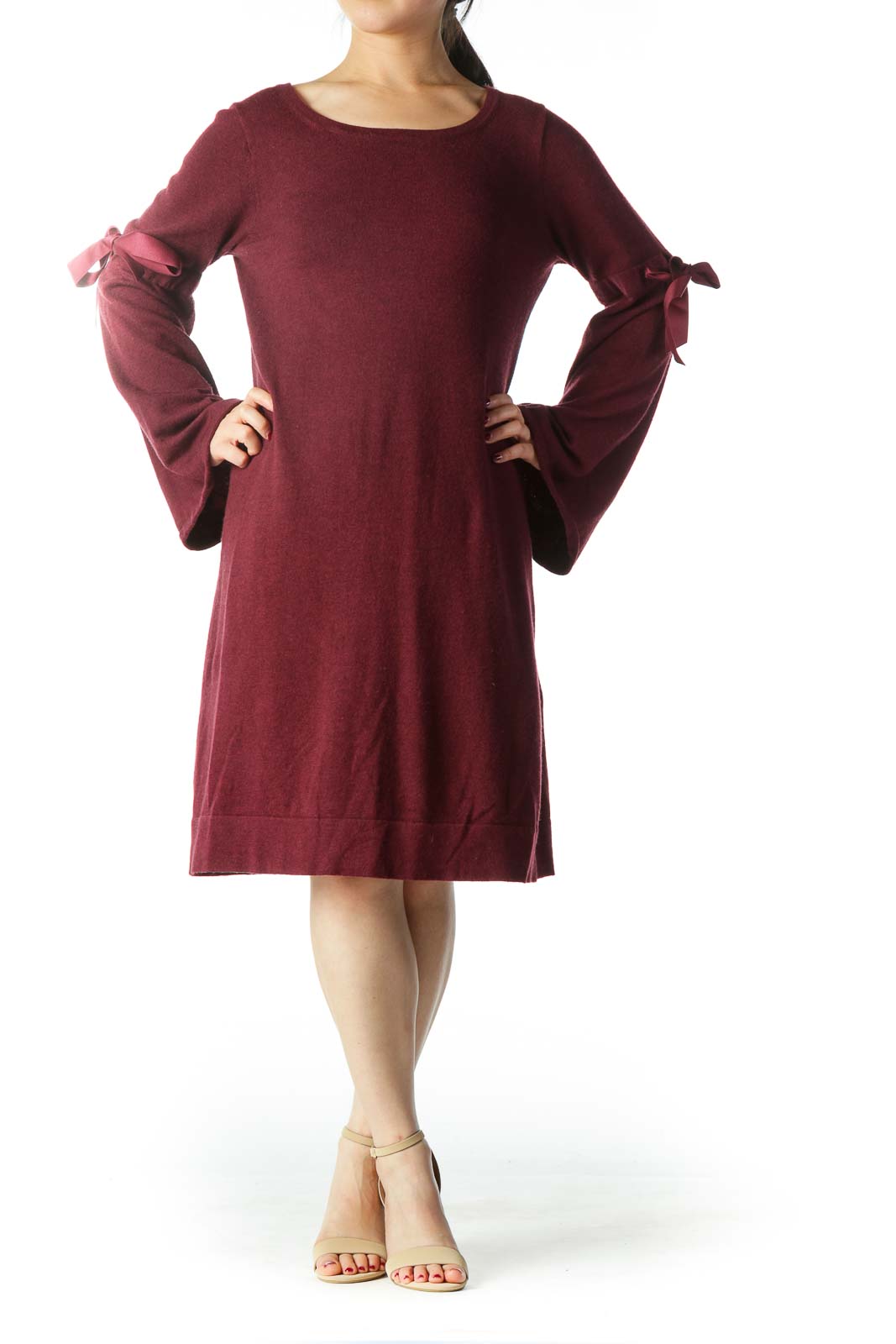 Burgundy Ribbon Bell Sleeves Knit Dress