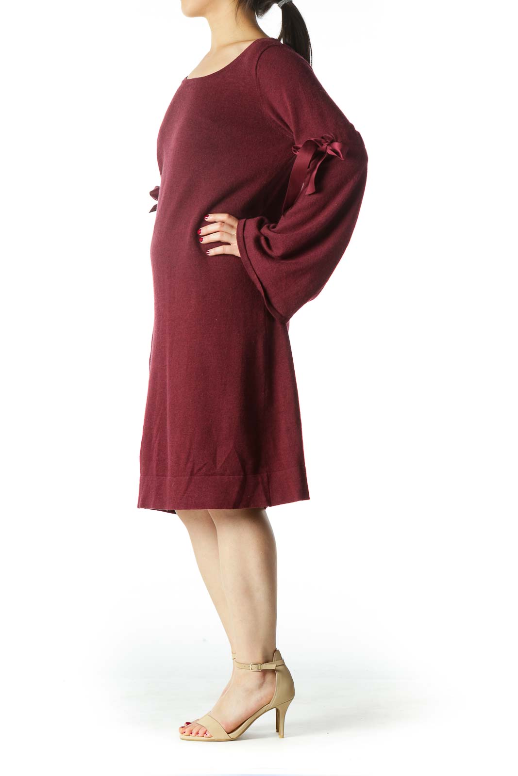 Burgundy Ribbon Bell Sleeves Knit Dress