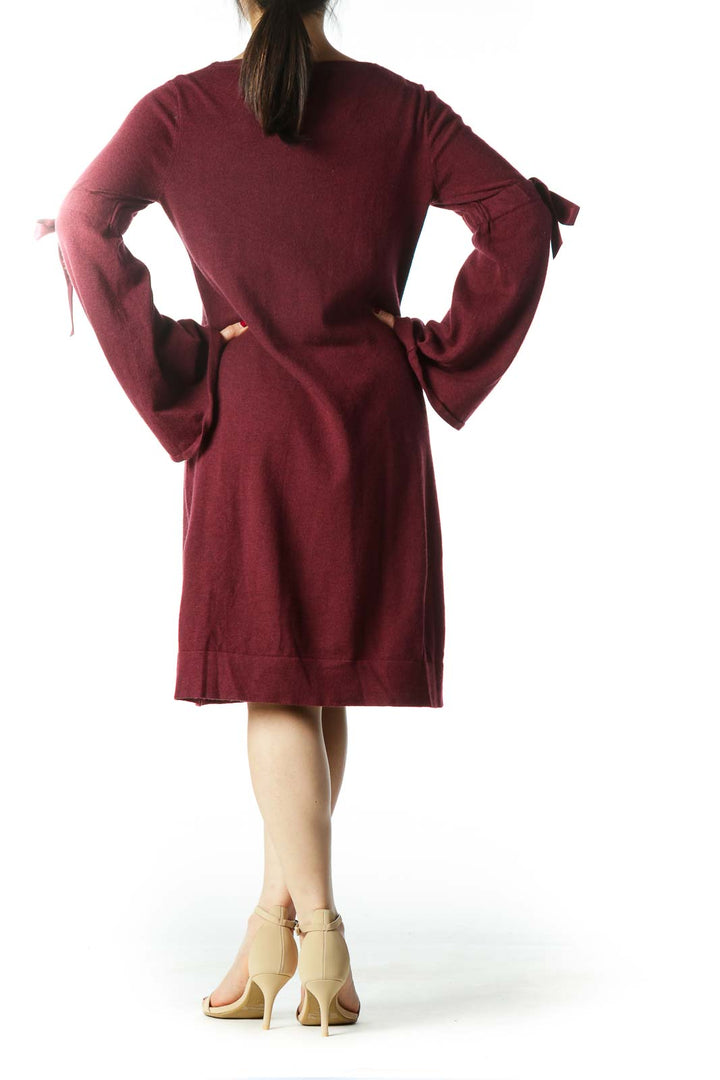 Burgundy Ribbon Bell Sleeves Knit Dress