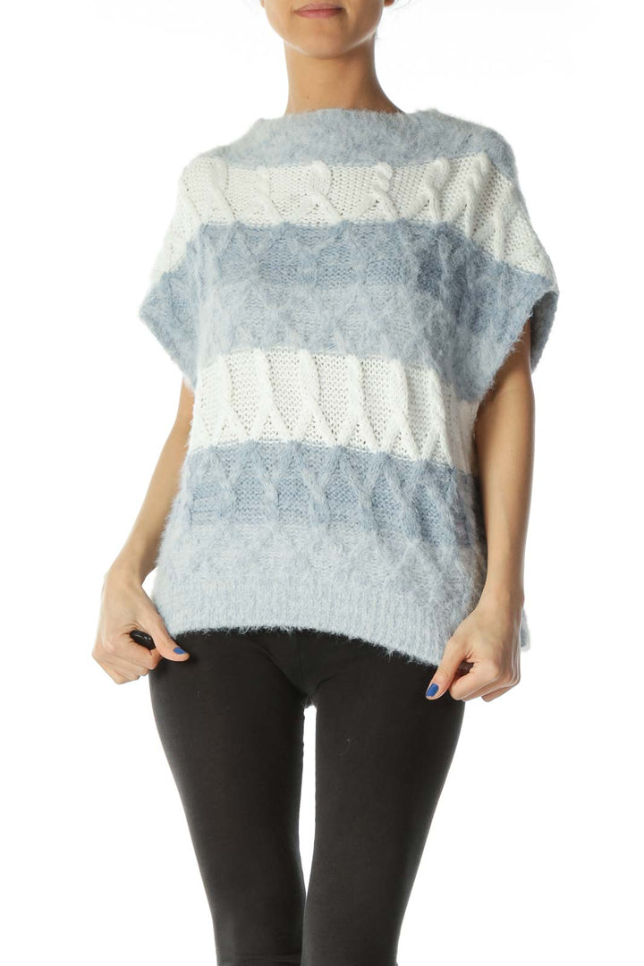 Blue White Knit Horizontal Stripes Fluffy Vest