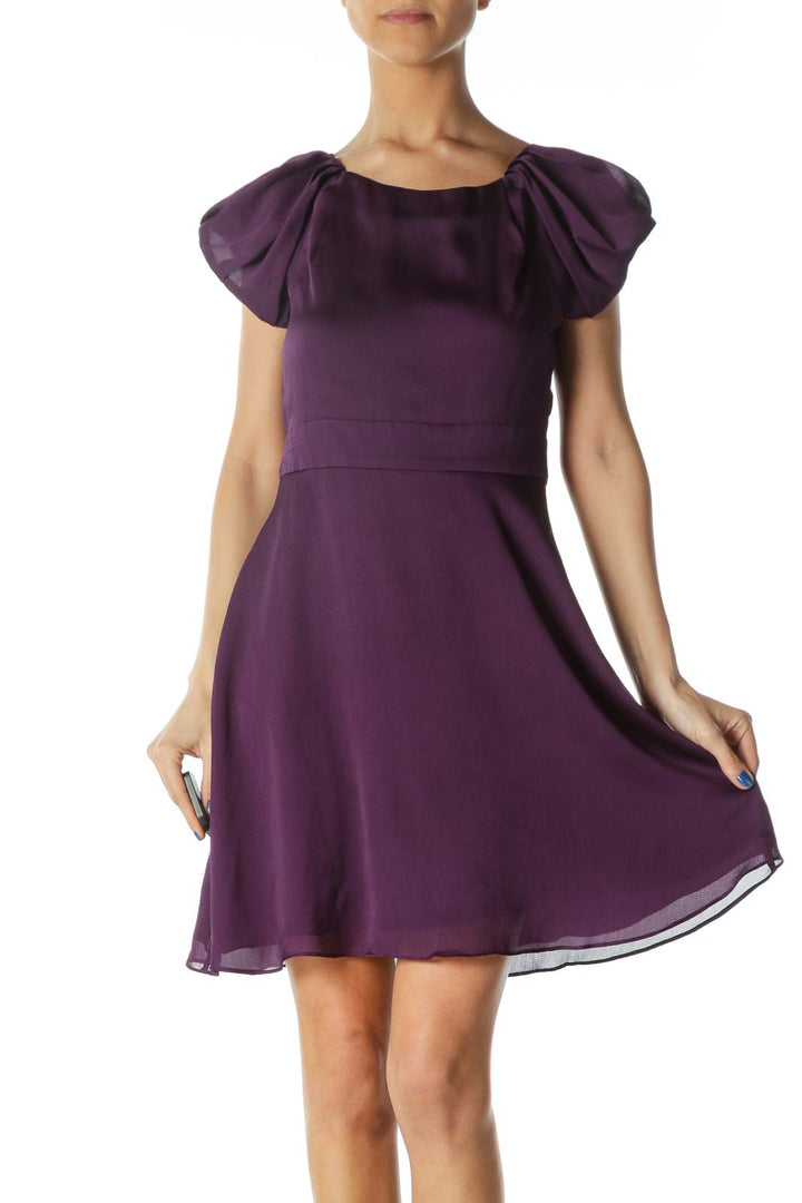 Purple Open-Back Scrunched Cap Sleeves Flared Dress