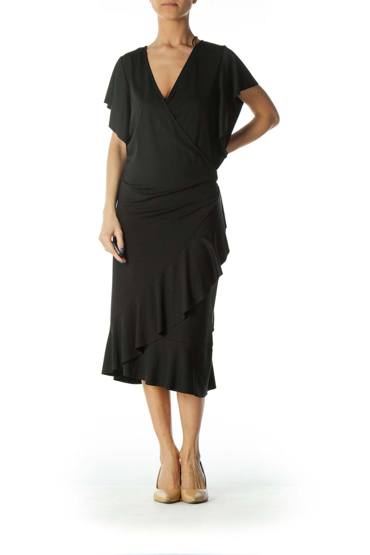 Black V-Neck Flare Details Light Wrap Dress