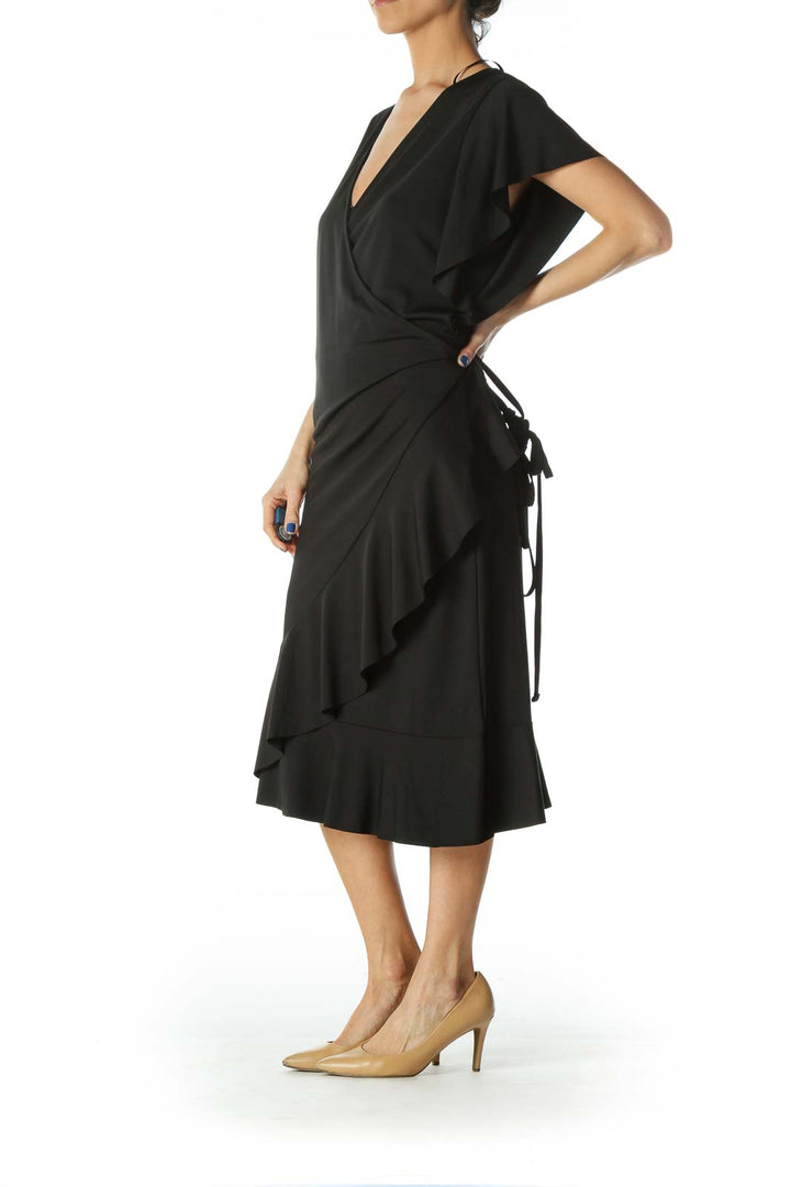 Black V-Neck Flare Details Light Wrap Dress