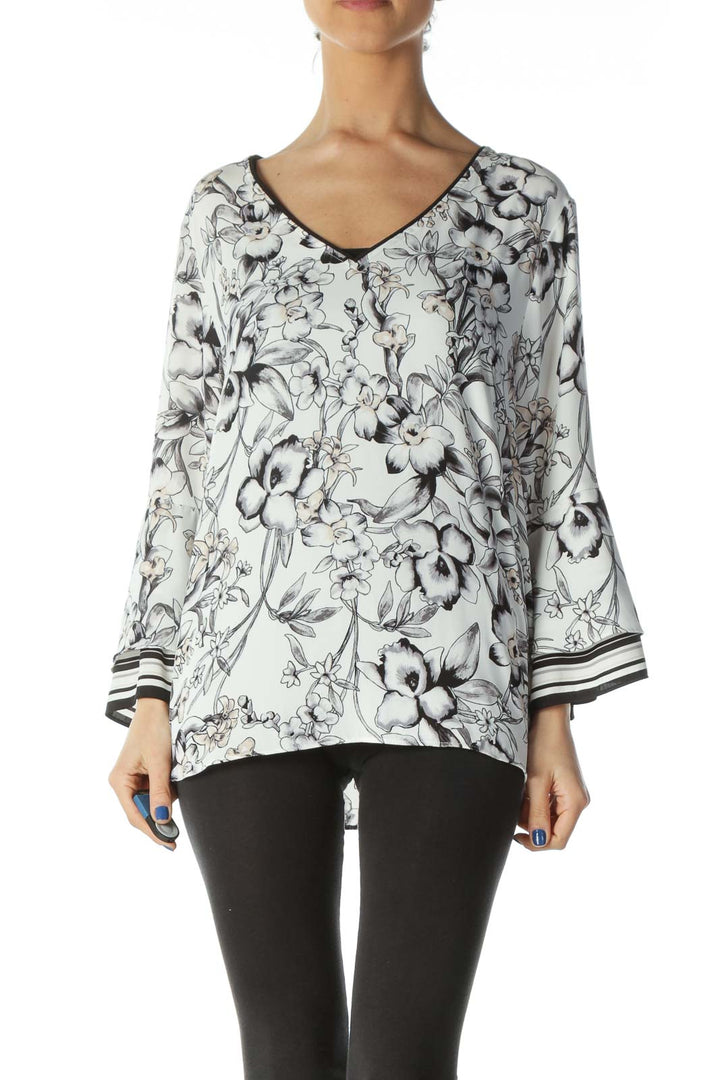 Black White Beige Floral Print Shift Blouse