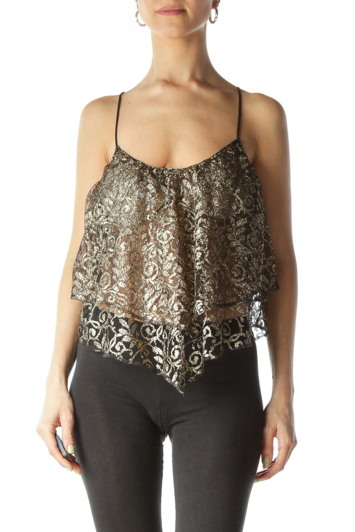 Gold Black Lace See-Through Spaghetti Strap Top