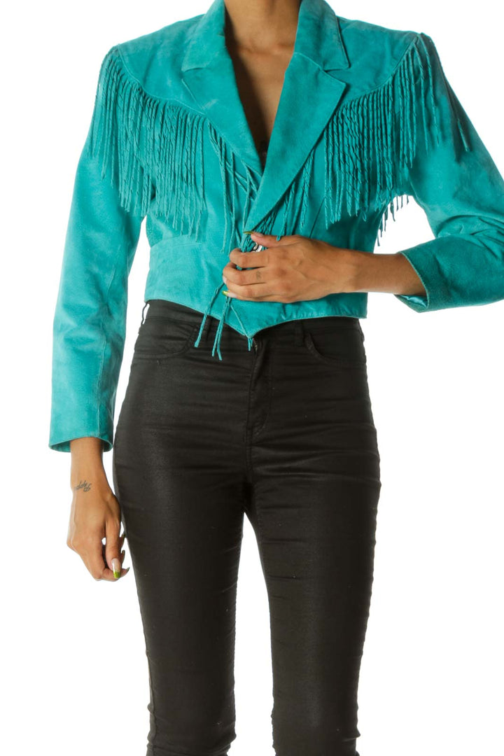 Teal Blue Padded Fringe Genuine Suede Jacket