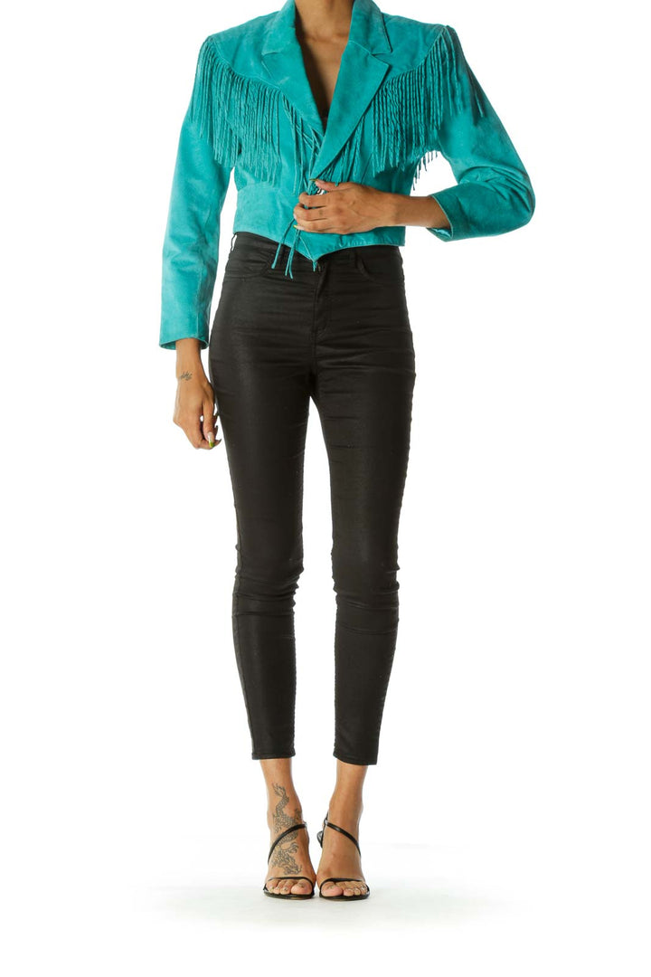 Teal Blue Padded Fringe Genuine Suede Jacket