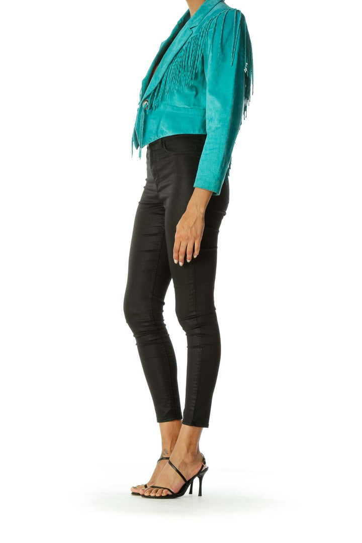 Teal Blue Padded Fringe Genuine Suede Jacket